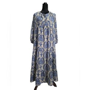 Elegant Blue and Cream Floral Maxi Dress